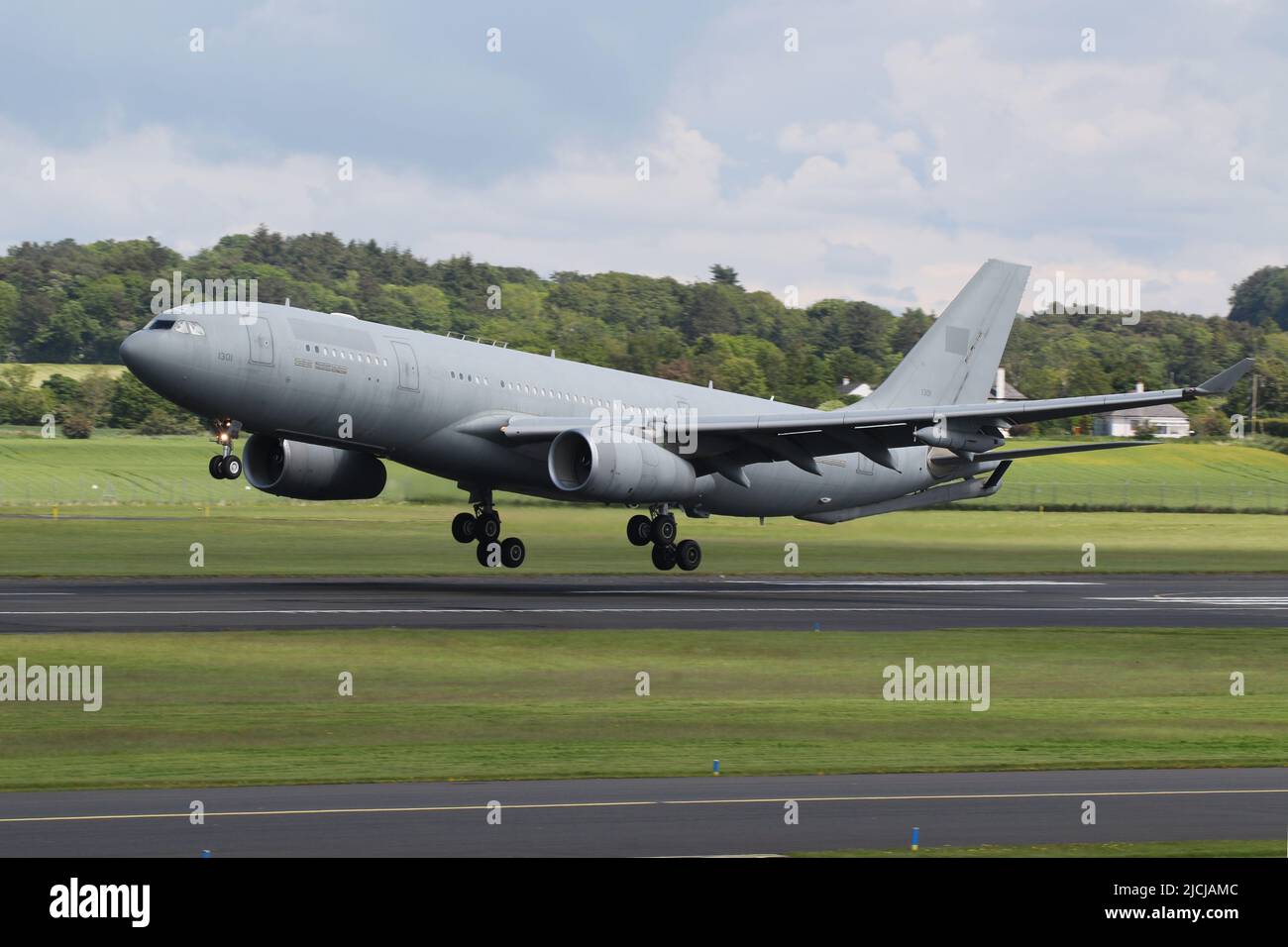 1301, an Airbus A330 MRTT (multirole tanker transport) operated by the United Arab Emirates Air Force, arriving at Prestwick International Airport in Ayrshire, Scotland. With the exception of the serial number, the aircraft had been scrubbed of all military titles and insignia. Stock Photo