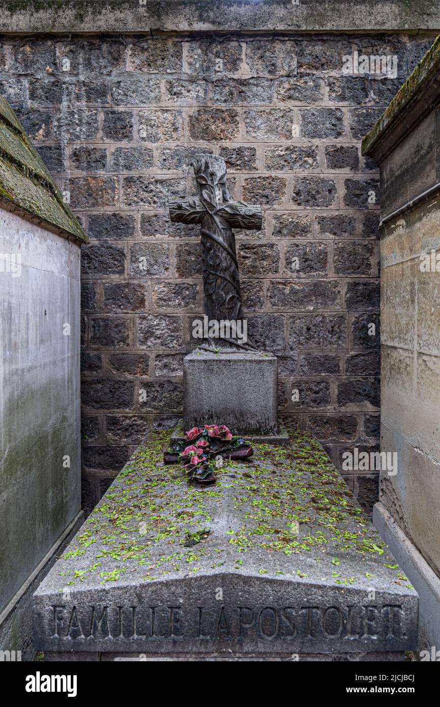 Grave marker and  crypts inside Montmartre cemetery. Paris, France. 05/2009 Stock Photo