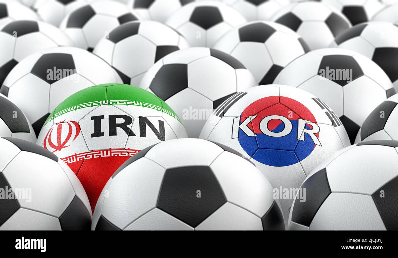 Iran vs. South Korea Soccer match - Soccer balls in Iran and South Korea national colors. 3D Rendering Stock Photo