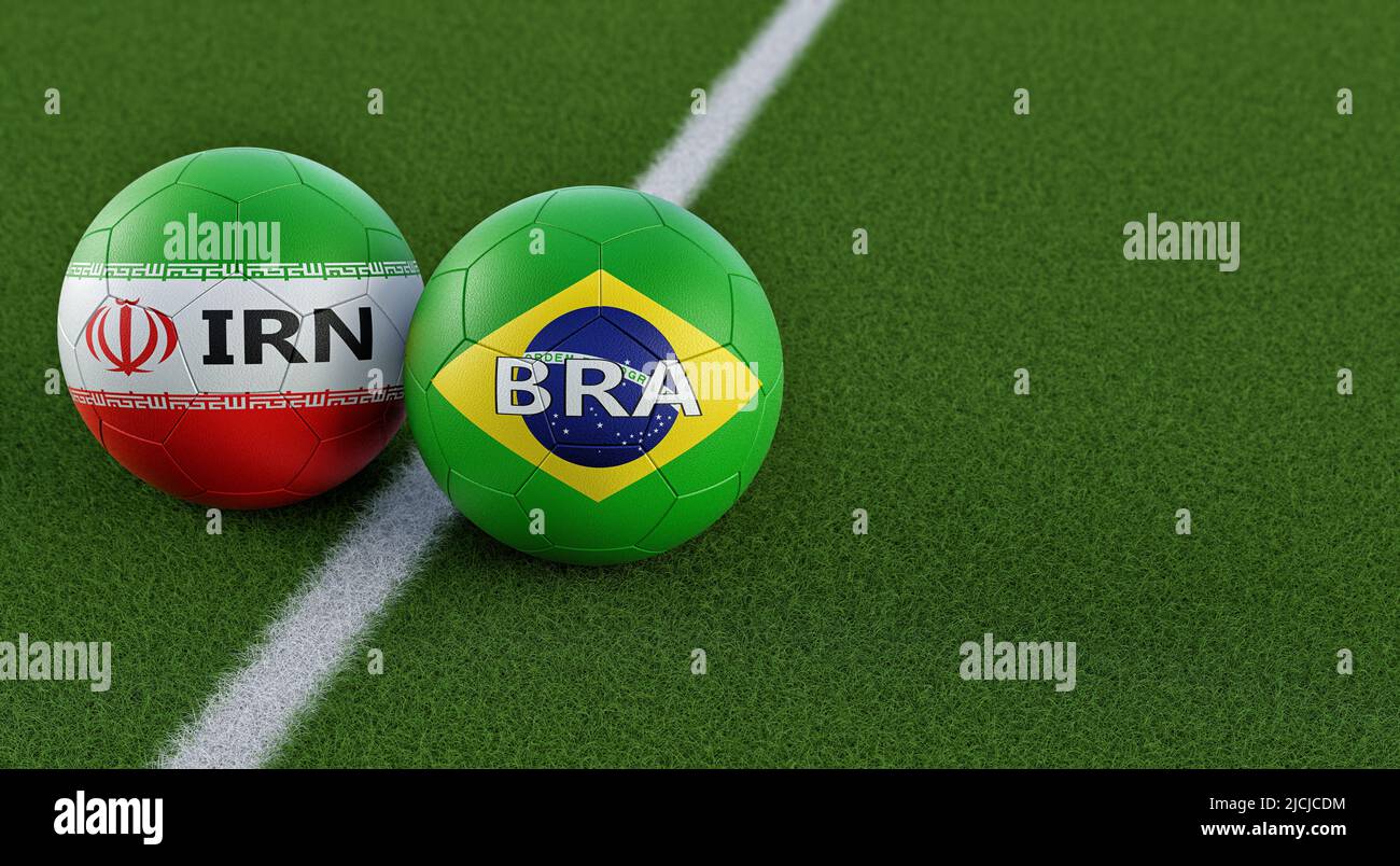 Brazil vs. Iran Soccer match - Soccer balls in Brazil and Iran national colors. 3D Rendering Stock Photo