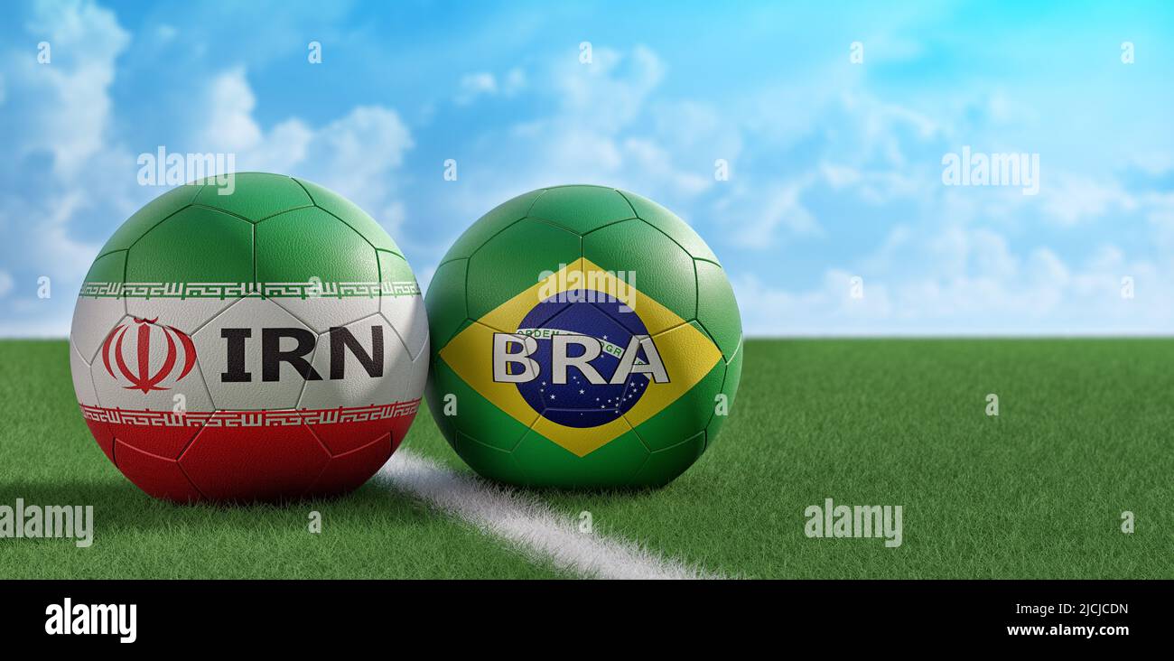 Brazil vs. Iran Soccer match - Soccer balls in Brazil and Iran national colors. 3D Rendering Stock Photo
