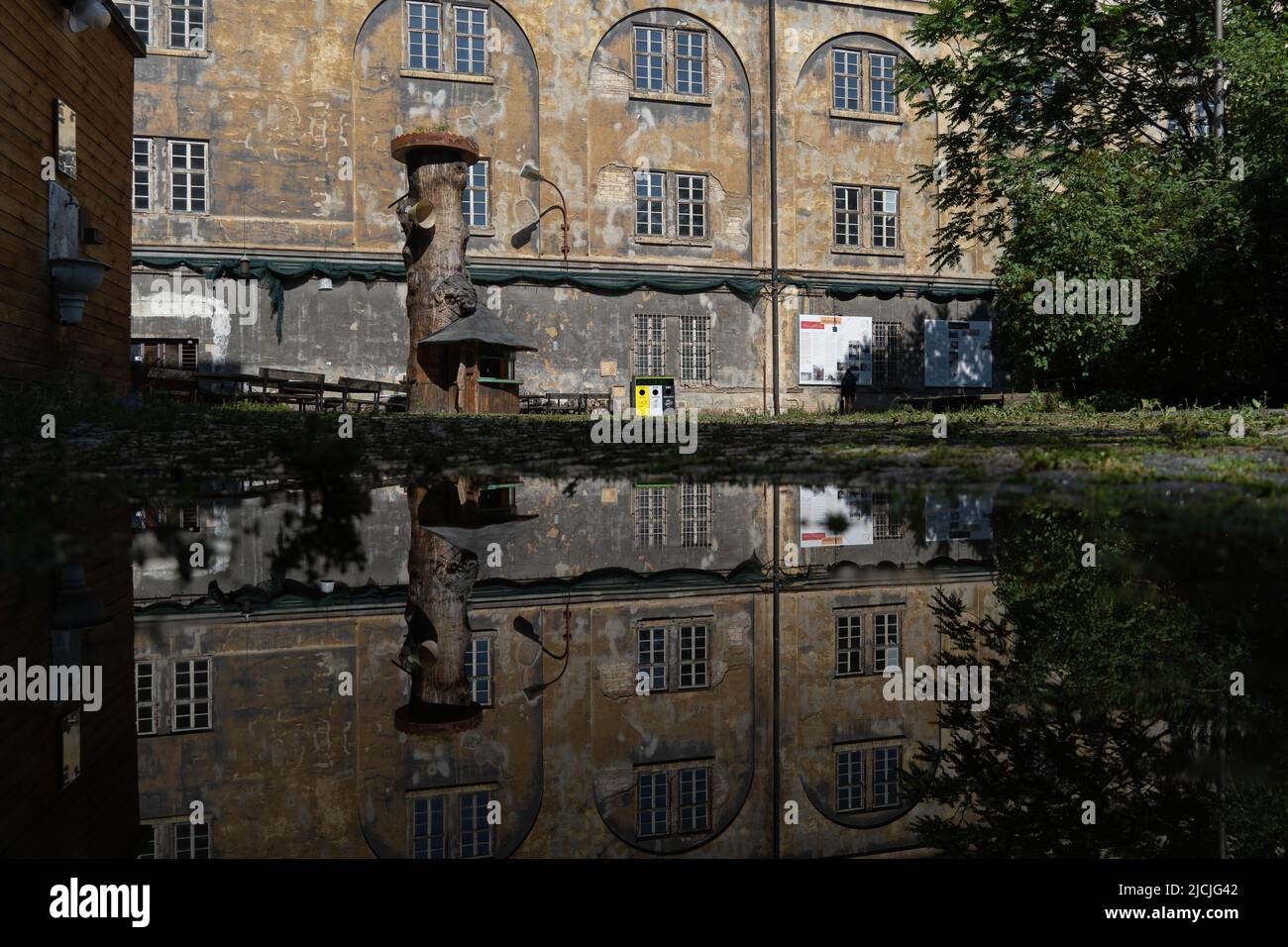 Prague, Santiago, Czech Republic. 13th June, 2022. The reflection in the water of a building in the Karlin neighborhood, in Prague, Czech Republic, after a rainy morning. (Credit Image: © Matias Basualdo/ZUMA Press Wire) Stock Photo
