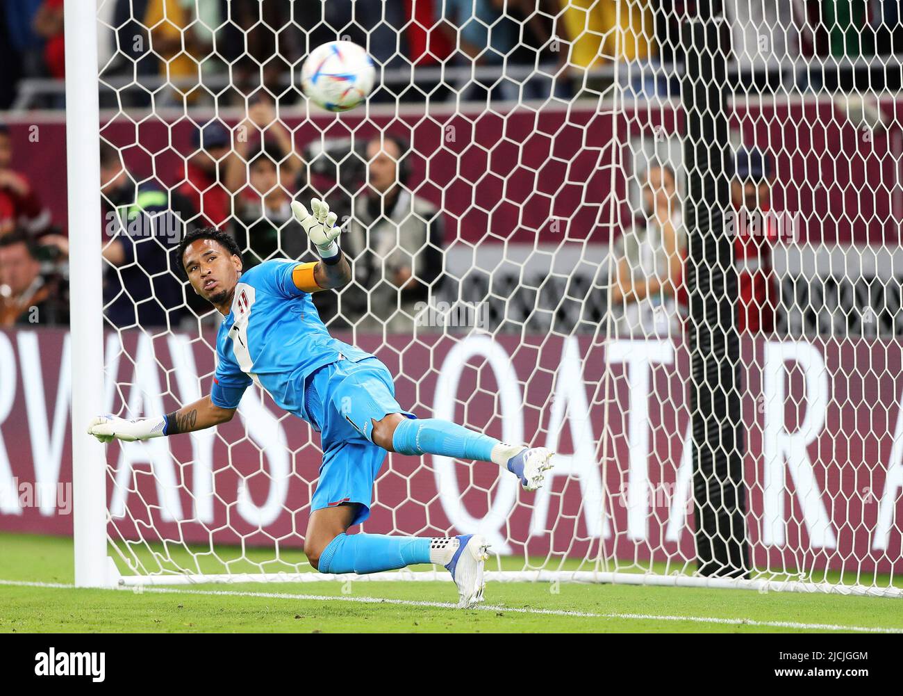 Doha, Qatar. 13th June, 2022. Peru's goalkeeper Pedro Gallese fails to save the ball in the penalty shootout during the FIFA World Cup 2022 intercontinental play-offs match between Australia and Peru at the Ahmed bin Ali Stadium, Doha, Qatar, June 13, 2022. Credit: Wang Dongzhen/Xinhua/Alamy Live News Stock Photo