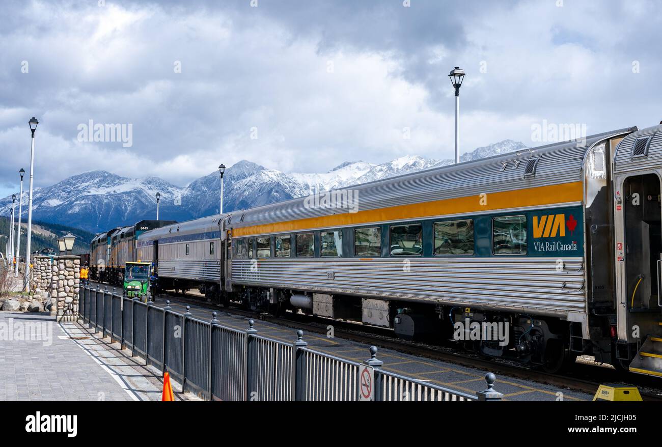 Via Rail F40PH2D public passenger train stop at the Jasper station