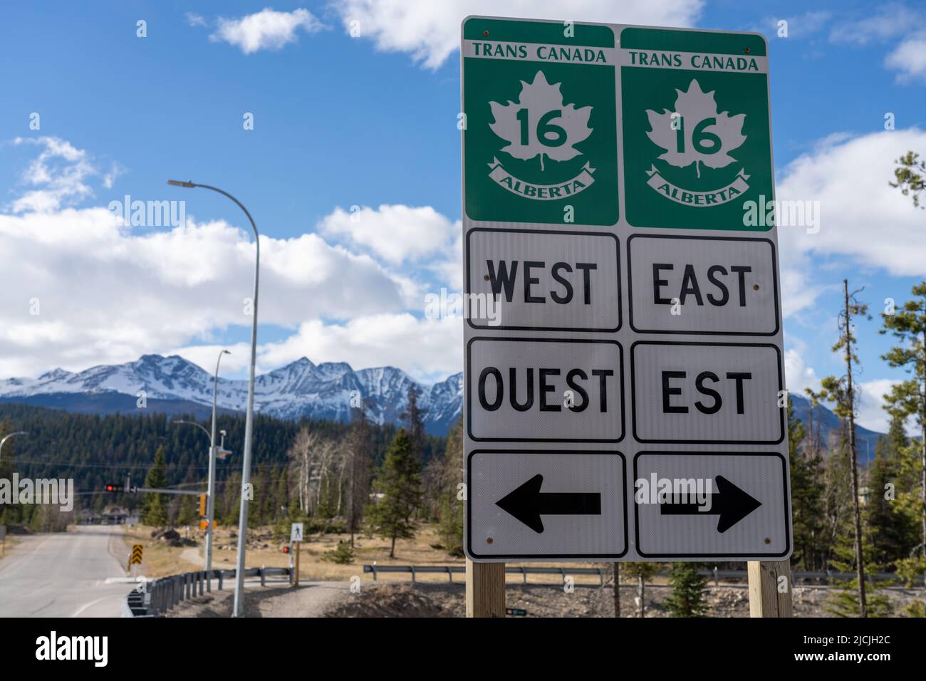 Road sign of Trans-Canada Highway 16, Yellowhead Highway, Alberta Provincial Highway No. 16. Canadian Rockies. Stock Photo