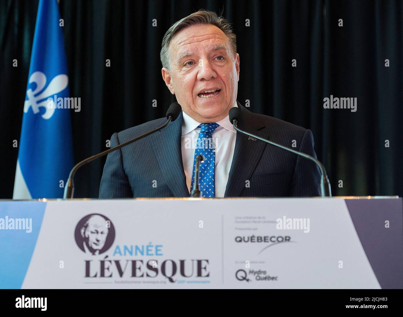 Quebec Premier Francois Legault speaks during an event launching commemorations of the 100th