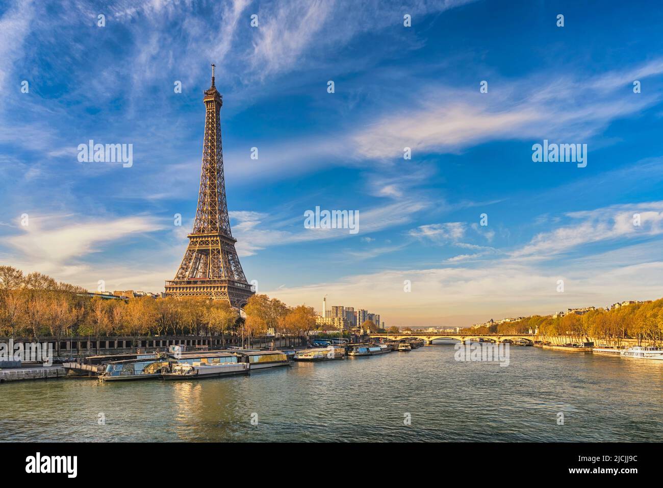 Paris France city skyline at Eiffel Tower and Seine River Jena Bridge Stock Photo