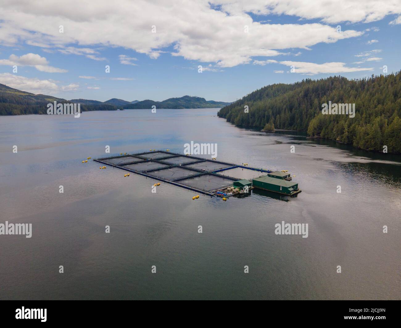 Salmon farm in Clayoquot sound, British Columbia, Canada. Stock Photo