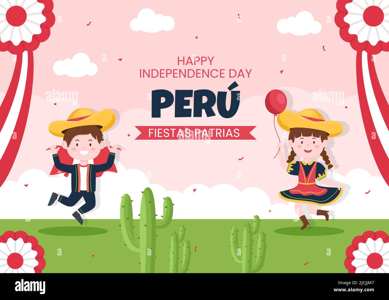 Fiestas Patrias Peru Post Template Social Media Flat Cartoon Background Vector Illustration Stock Vector