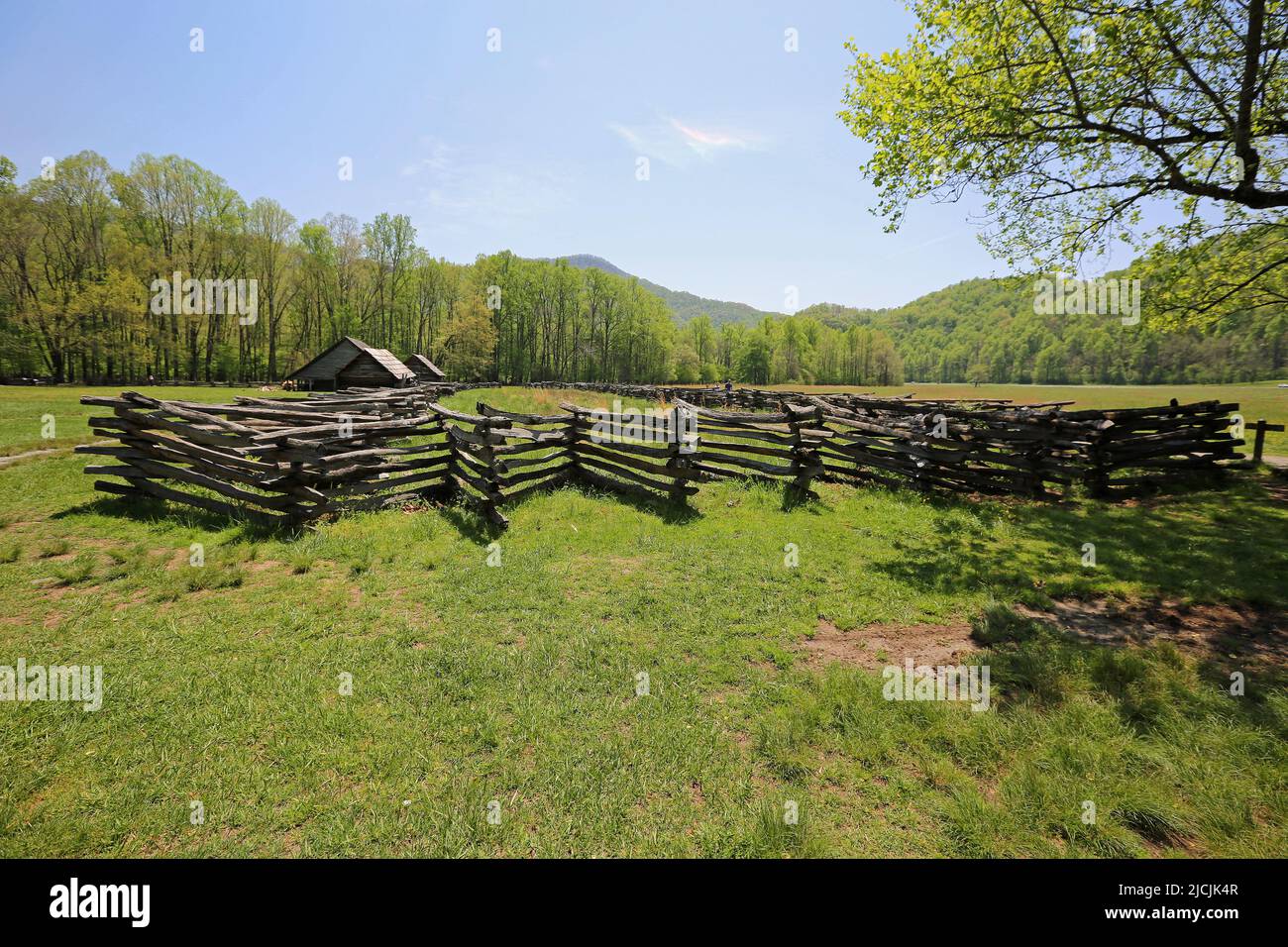 The meadow in Mountain Farm Museum - Great Smoky Mountains NP, North Carolina Stock Photo