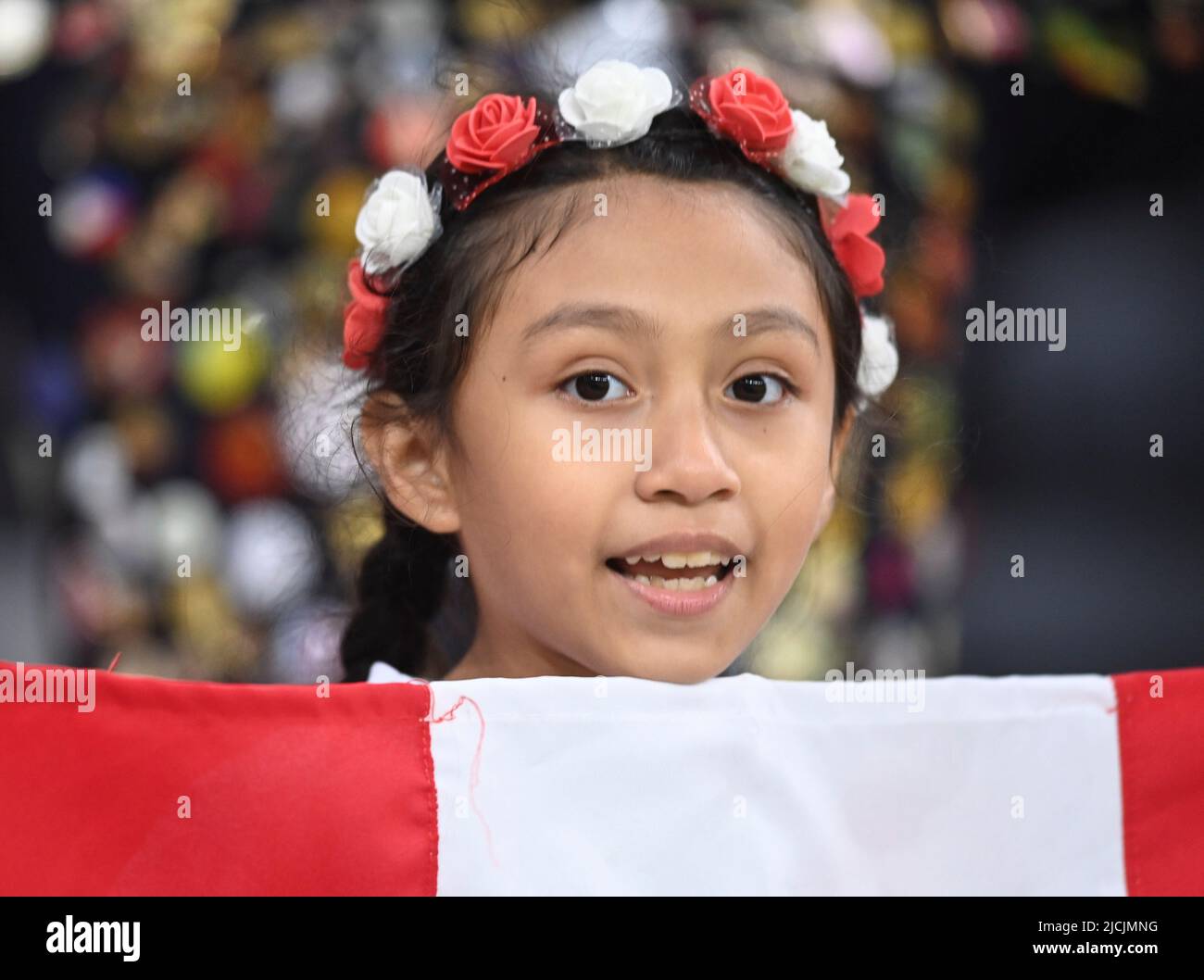 Doha, Qatar. 13th June, 2022. A fan of Peru is seen prior to the FIFA World Cup 2022 intercontinental play-offs match between Australia and Peru at the Ahmed bin Ali Stadium, Doha, Qatar, June 13, 2022. Credit: Nikku/Xinhua/Alamy Live News Stock Photo