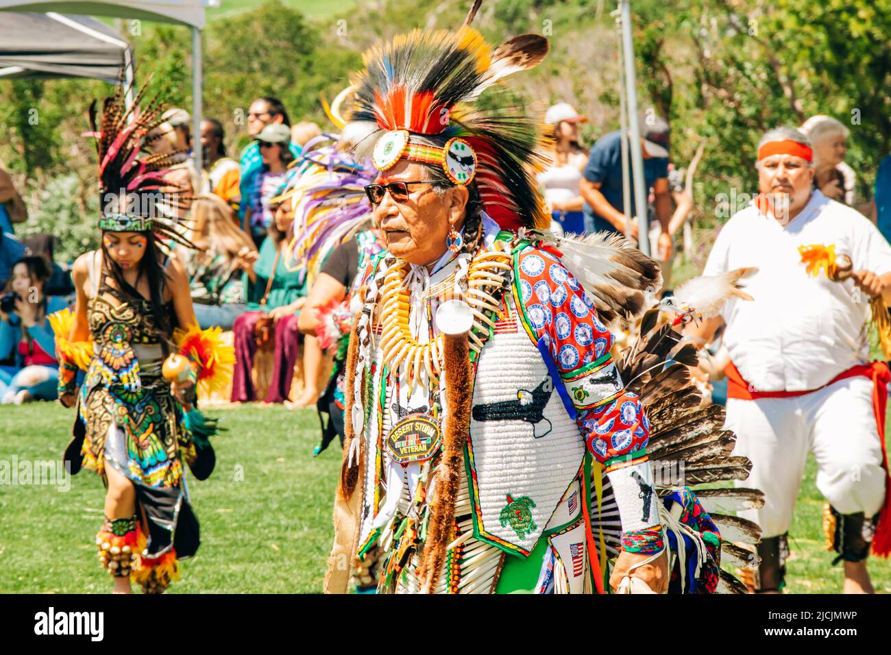 Malibu, California, USA - April 9, 2022. Powwow.  Native Americans dressed in full regalia.  Chumash Day Powwow and Intertribal Gathering. Stock Photo