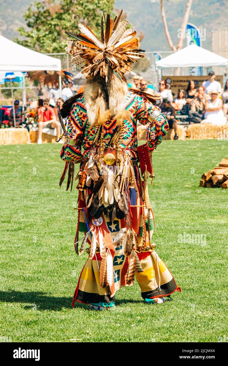 Malibu, California, USA - April 9, 2022. Powwow.  Native Americans dressed in full regalia.  Chumash Day Powwow and Intertribal Gathering. Stock Photo