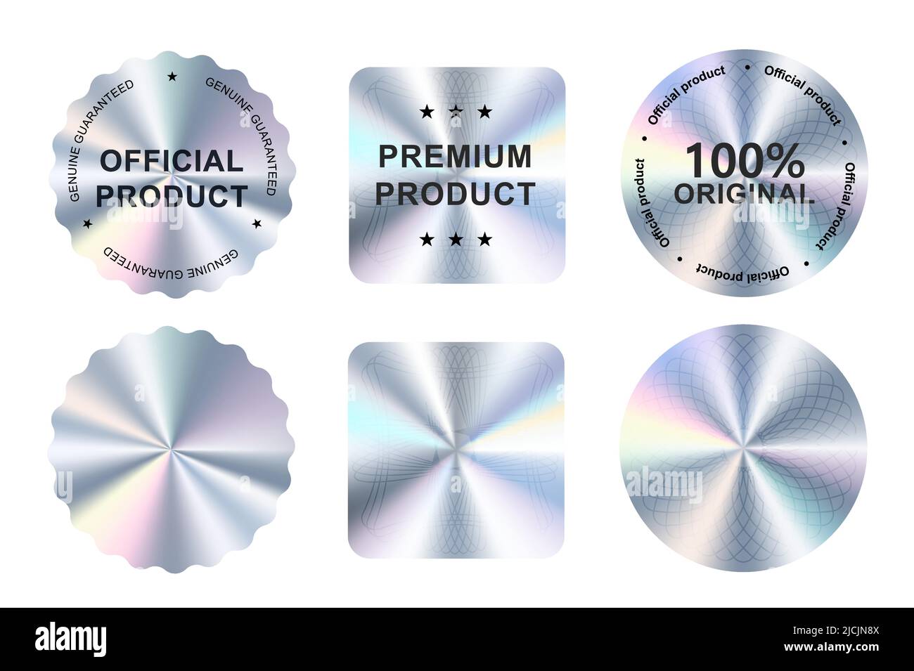 Hologram stickers, holographic labels with silver texture, vector