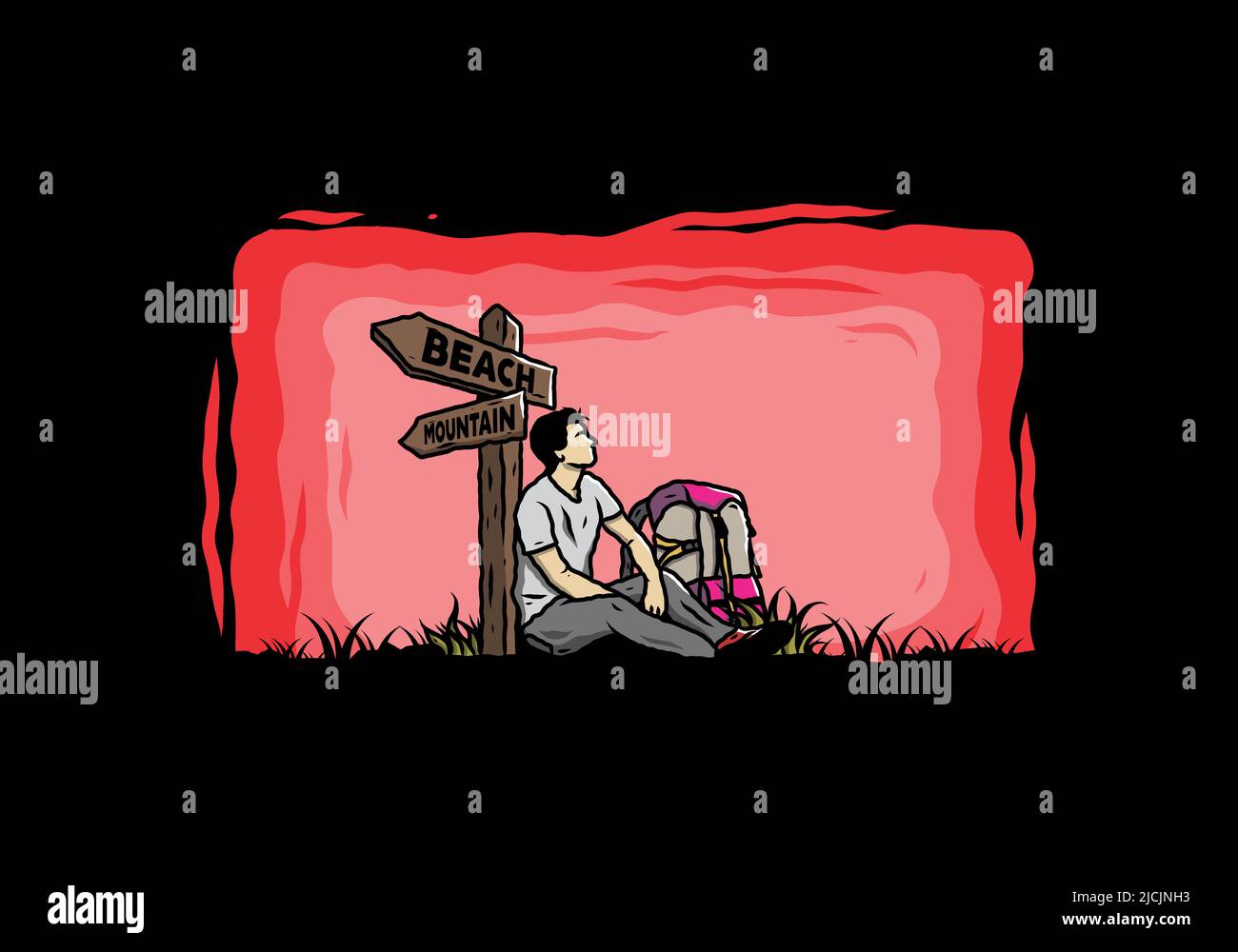 Illustration of a man sit on the ground beside the way sign beach and