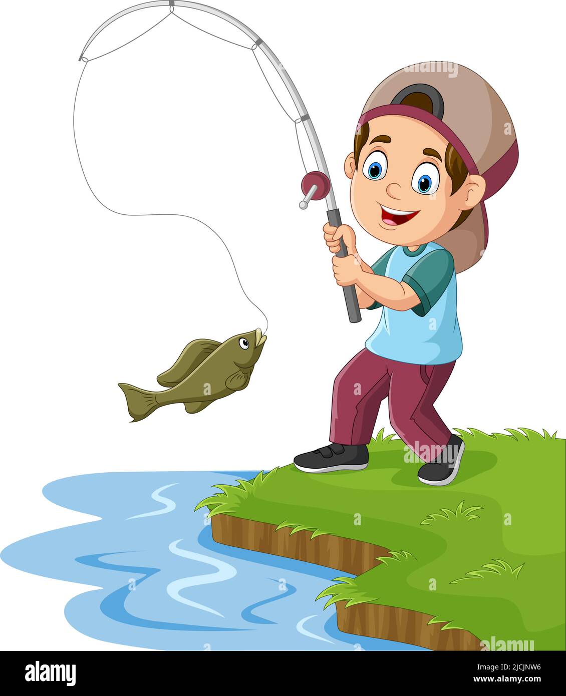 Character smiling boy fishing with rod Royalty Free Vector