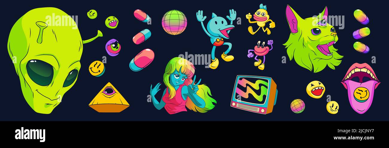 Psychedelic stickers with aliens, drugs and tv isolated on black background. Vector cartoon set of retro hippie icons of blue girl, cat with three eyes, martian head and mouth with tongue Stock Vector