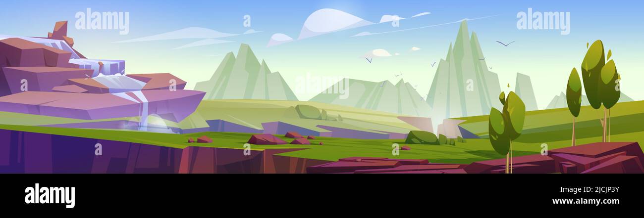 Mountain valley with waterfall, cracks in ground and trees. Vector cartoon panoramic illustration of summer landscape with green grass, rocks and water stream falling from cliff Stock Vector