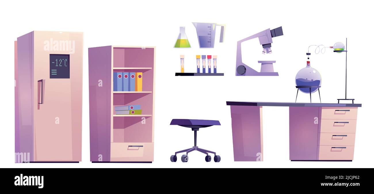 Chemical lab furniture set for science research, experiments and medical tests. Vector cartoon isolated illustration of laboratory room with microscope, flasks and tubes on table and refrigerator Stock Vector Image & Art - Chemical lab furniture set for science research, experiments and medical tests. Vector cartoon isolated illustration of laboratory room with microscope, flasks and tubes on table and refrigerator Stock Vector Image & Art -