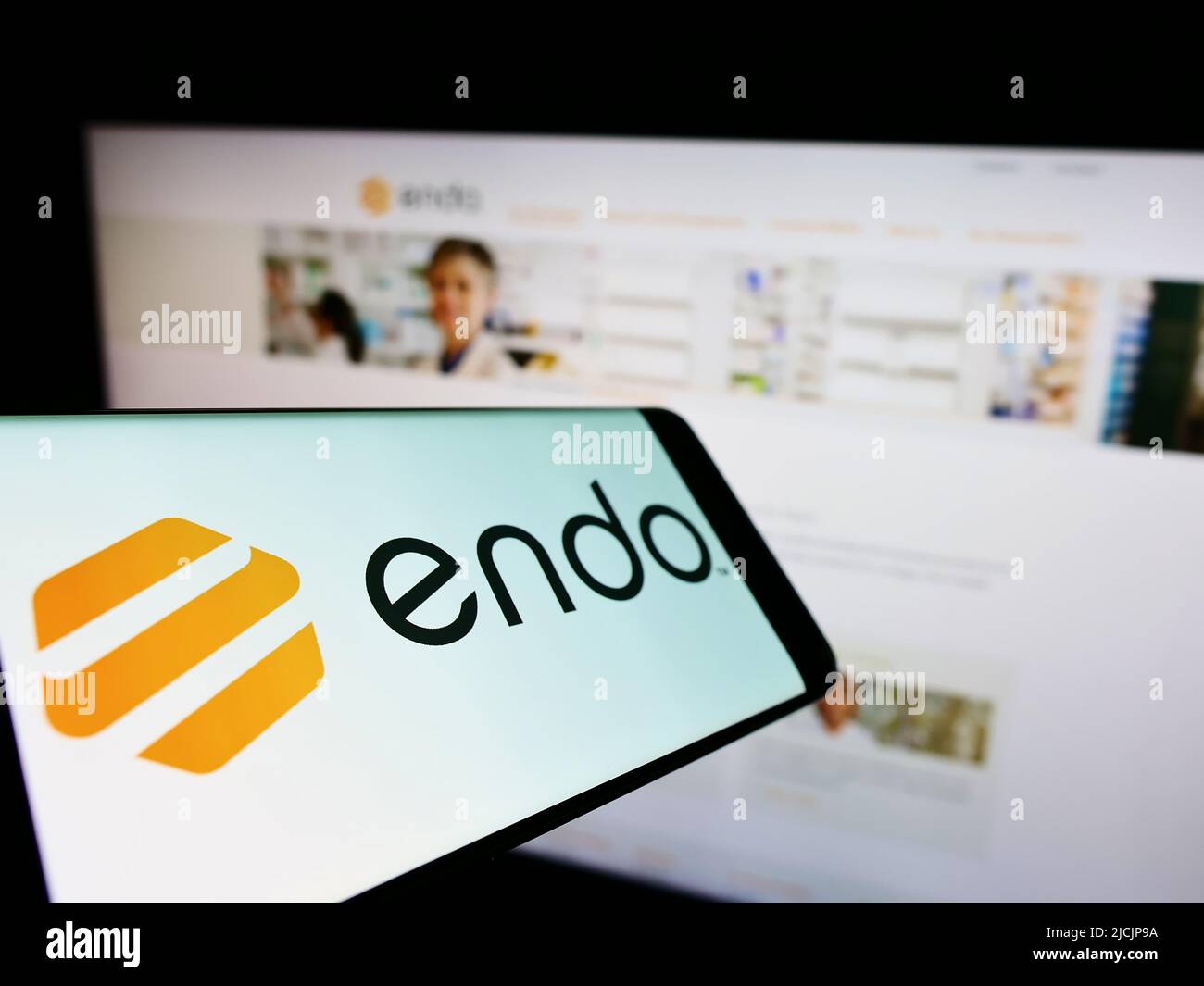 Mobile phone with logo of pharmaceutical company Endo International plc