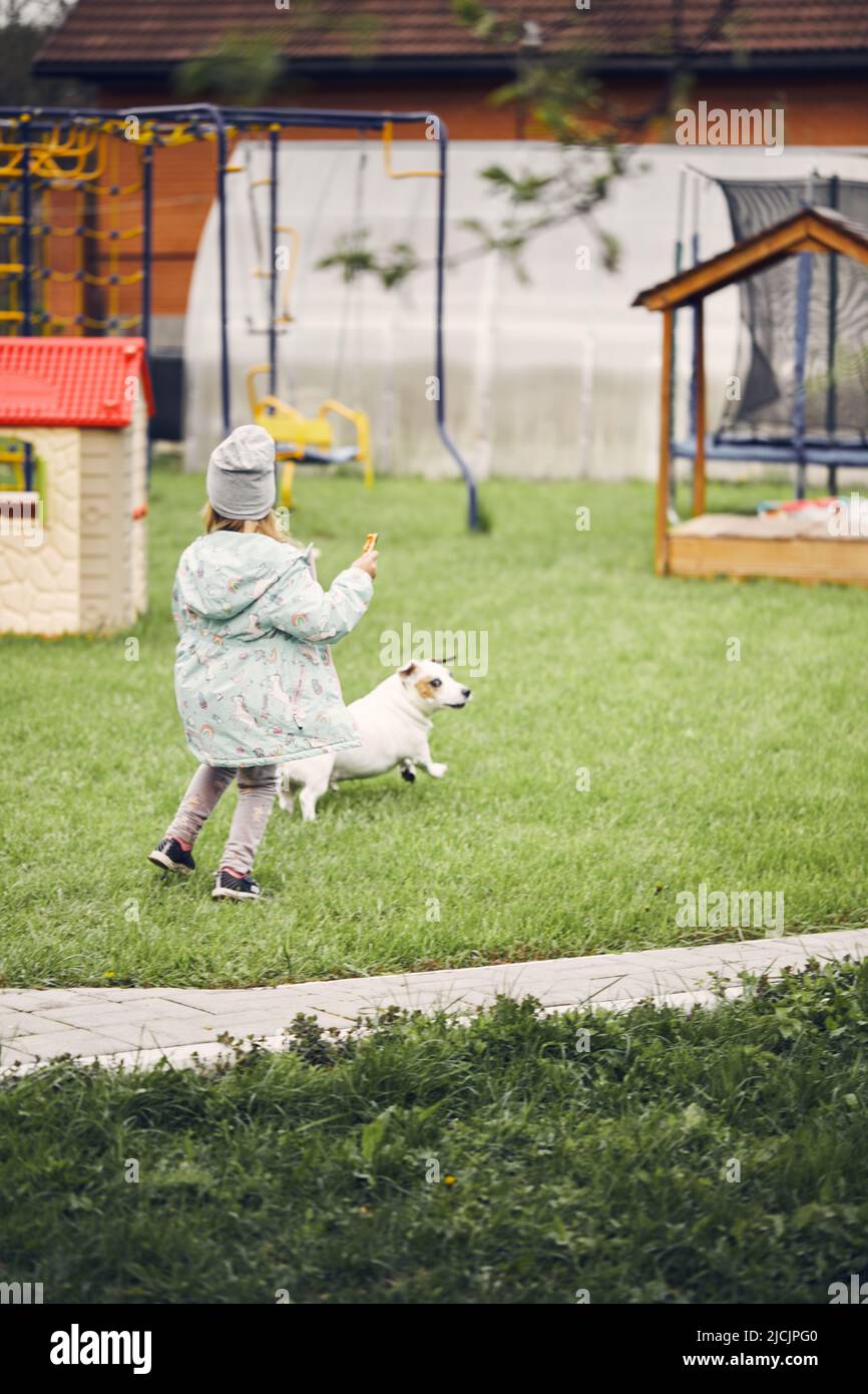 A little girl playing with a dog in the yard. The concept of a happy ...
