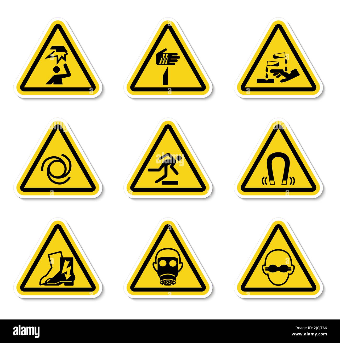 Triangular Warning Hazard Symbols labels On White Background Stock Vector