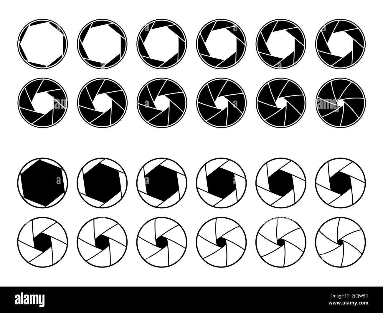 Camera lens diaphragm aperture icons, animation of shutter, vector photography. Photo camera lens diaphragm and aperture focus, animated film video objective opening and zoom snap for app Stock Vector