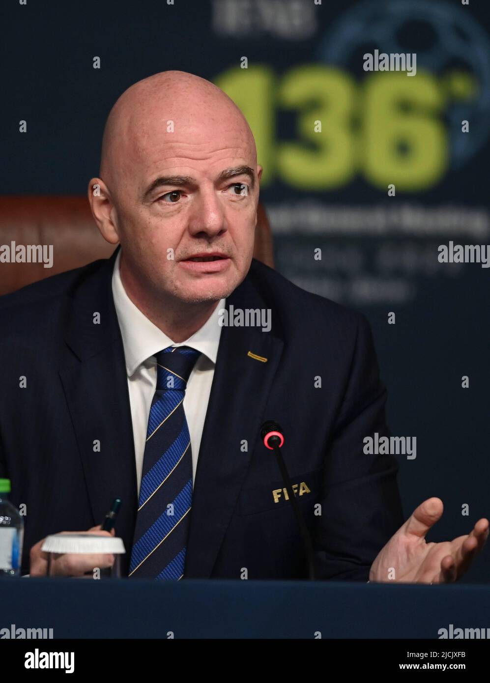 Doha, Qatar. 13th June, 2022. FIFA President Gianni Infantino speaks during a press conference for the 136th annual general meeting of the International Football Association Board (IFAB) in Doha, capital of Qatar, June 13, 2022. Credit: Nikku/Xinhua/Alamy Live News Stock Photo