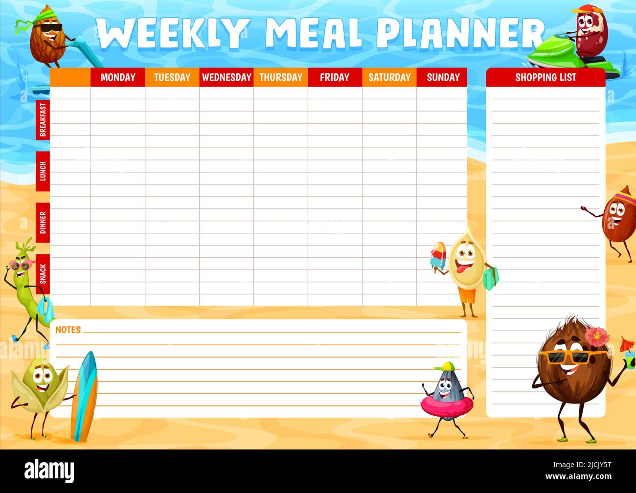 Weekly meal planner, cheerful nuts characters on summer beach, vector