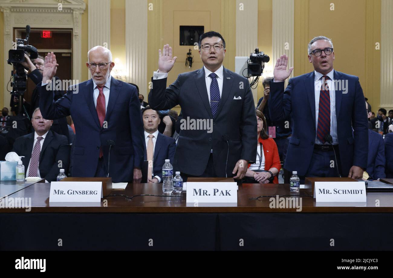 Washington, DC, USA, June 13, 2022. Republican election attorney Ben Ginsberg, former U.S. Attorney for Georgia Bjay Pak, who resigned as former President Trump sought to overturn Georgia's 2020 election results and Al Schmidt, the only Republican on Philadelphia's 2020 elections board, are sworn in to testify during the second public hearing of the U.S. House Select Committee to Investigate the January 6 Attack on the United States Capitol, on Capitol Hill in Washington, U.S., June 13, 2022. Photo by Jonathan Ernst/Pool/ABACAPRESS.COM Stock Photo