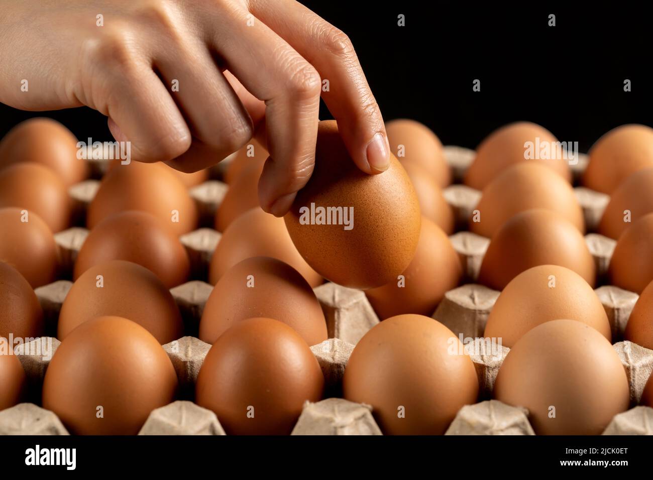 hand takes one chicken egg out of cardboard Stock Photo