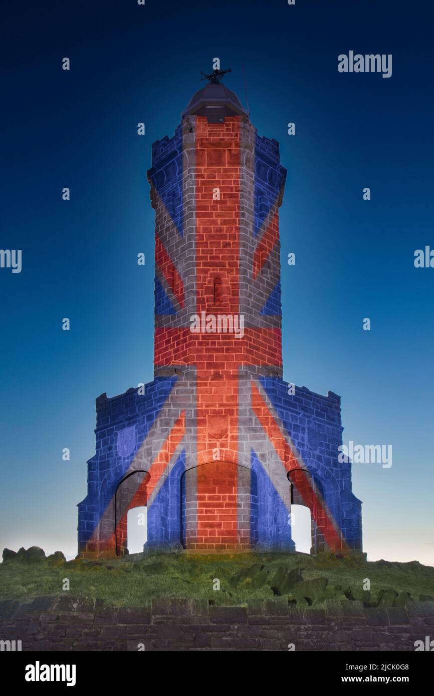 Darwen Tower, with the Union Jack illuminated. Stock Photo