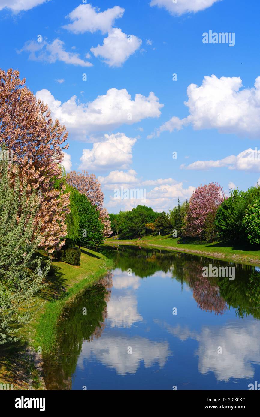 White nice clouds on blue sky with reflection on river Stock Photo
