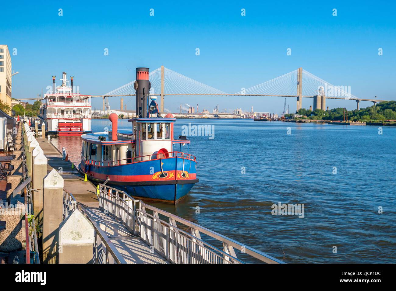 Downtown Savannah riverfront with blue sky in Georgia, USA Stock Photo