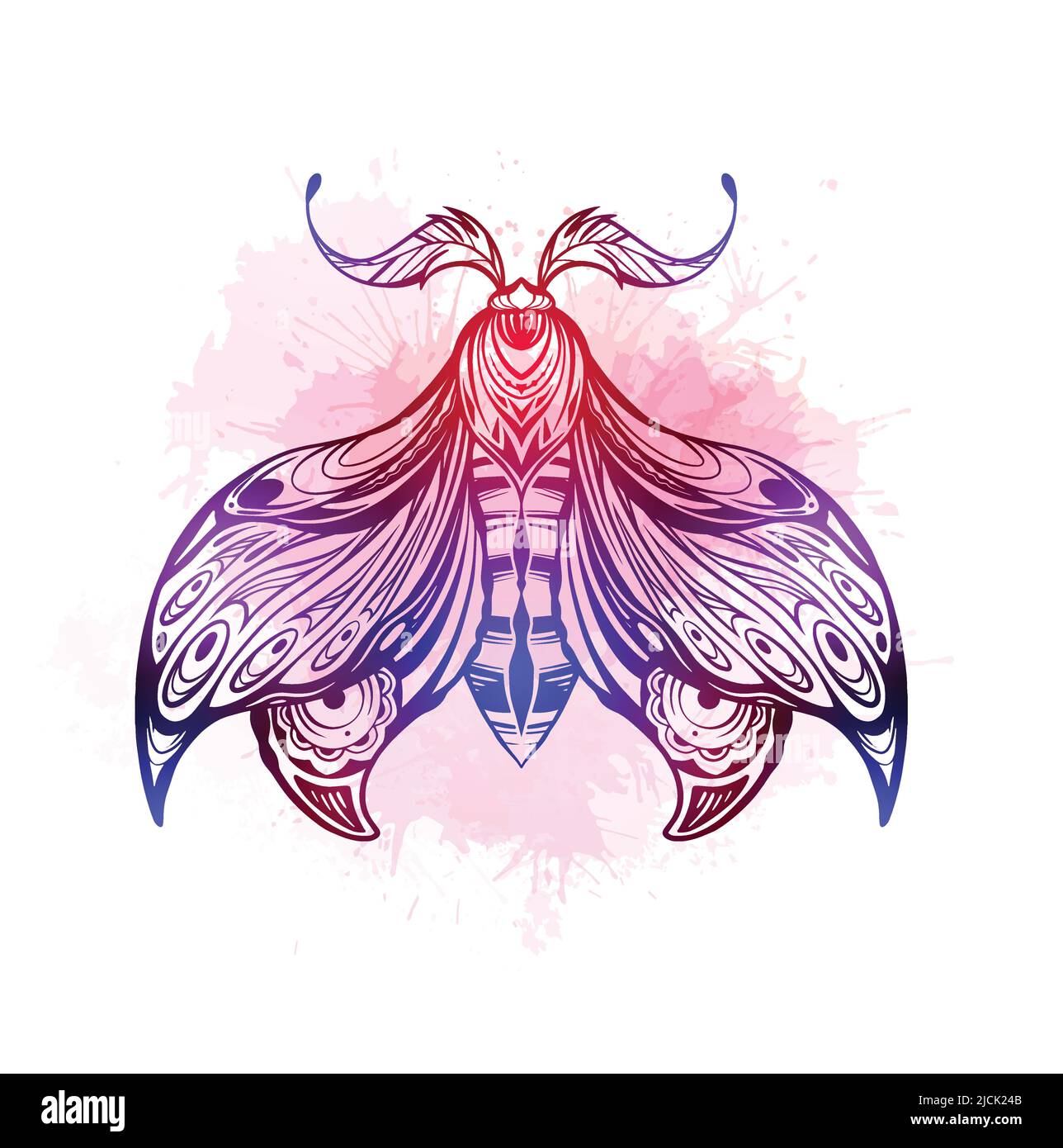 Vector neon drawing of a moth tattoo with pink and violet watercolor splashes. Illustration of a moth with tracery ornament and dye stains. Insect Stock Vector