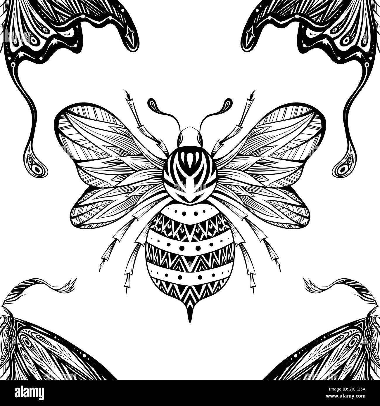 Vector seamless pattern with drawing bee and night butterfly with boho decoration. Monochrome texture with moth and bumblebee with tracery ornament. Stock Vector