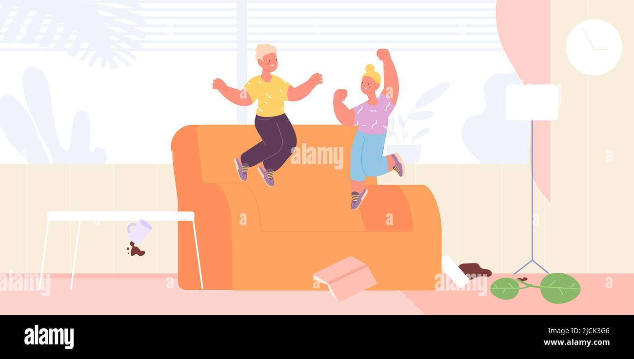 Children play in room. Brother and sister jumping on couch, chaos in home. Vacation or holiday time, cute happy cartoon kids, vector concept Stock Vector