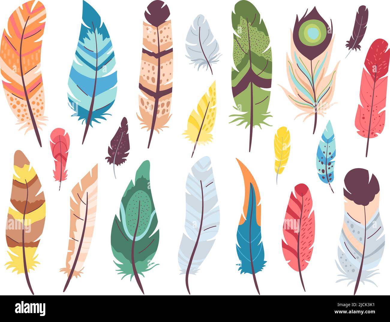 Flat color feathers. Bird feather, tribal indigenous indian decorative elements. Elegant multicolor accessory kit, plumage with geometry ornament Stock Vector