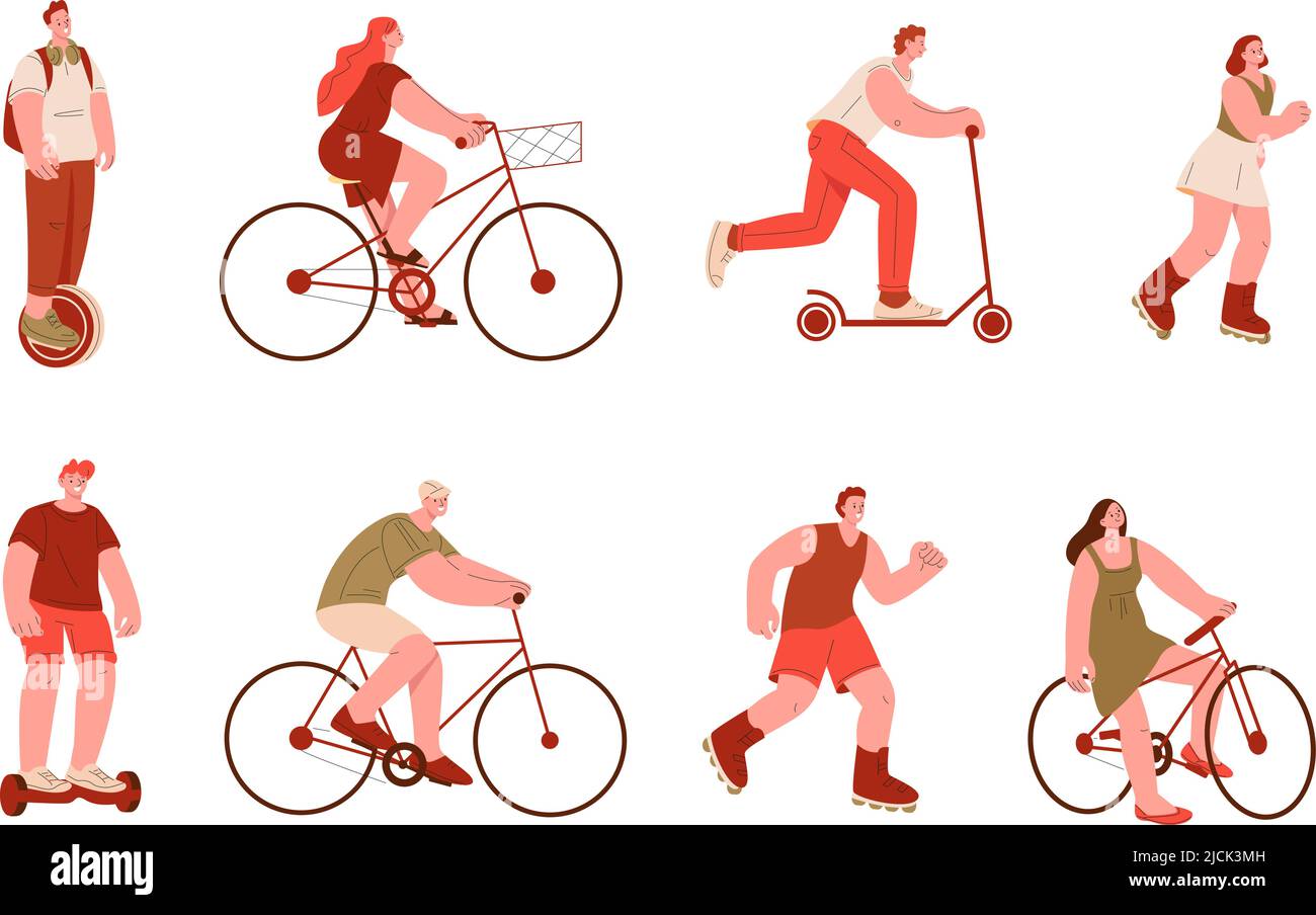 People ride. Woman man rides on bicycle and kick scooter, rollers and