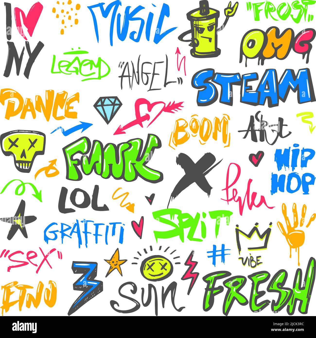 Street graffiti. Urban walls spray graphics, funny scratched elements and letters. Scribble and doodle phrases, ink prints and marker tags neoteric Stock Vector