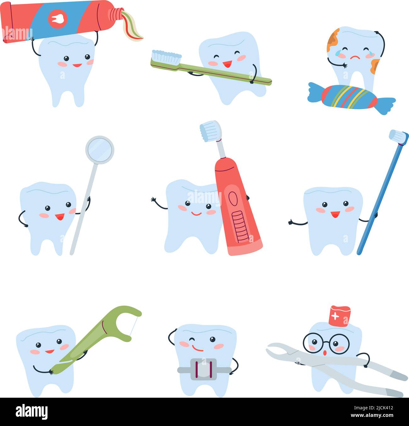 Cartoon teeth and tools. Humorous tooth, baby kid dentist characters. Dental hygiene and treatment, cute prevention and oral hygiene. Decent Stock Vector