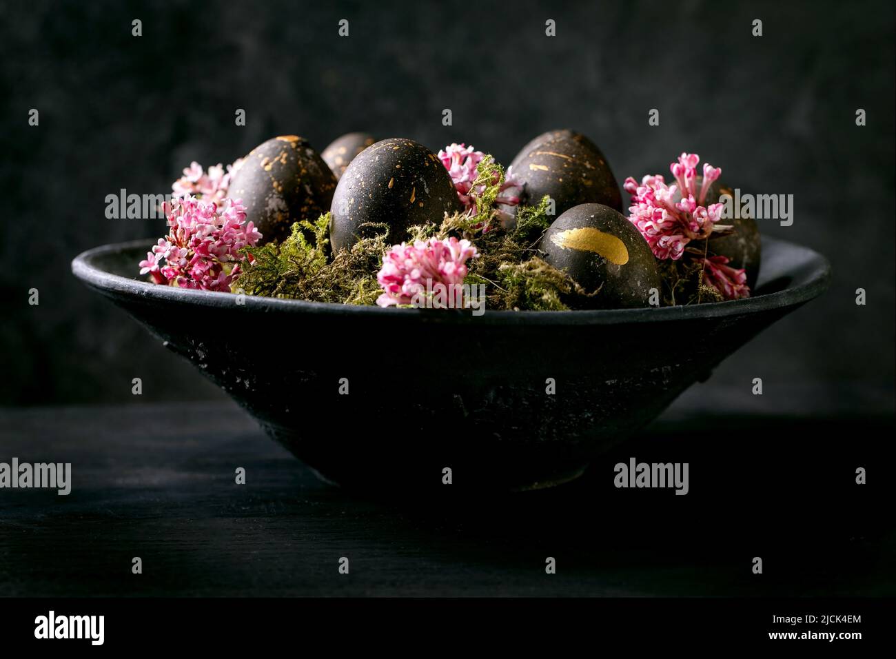 Black Easter concept. Bio colored black eggs with golden spots laying on wild moss with small pink flowers in black ceramic bowl on dark wooden backgr Stock Photo