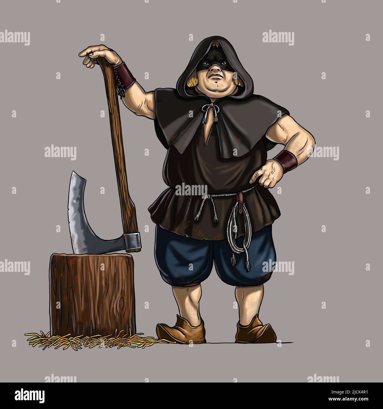 Medieval executioner with an ax. Digital illustration with headsman. Stock Photo