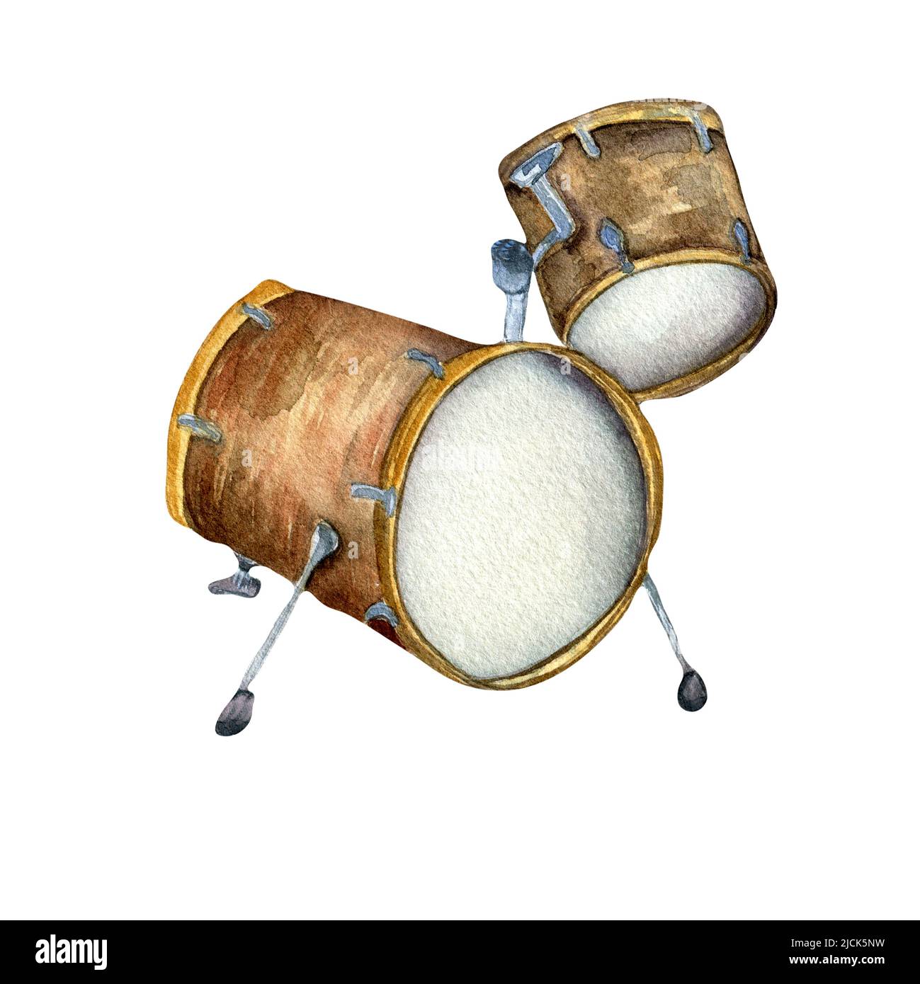 Drum kit watercolor illustration isolated. Musical instrument hand painted. Percussion instrument of jazz, rock, folk music. Design element for wrappi Stock Photo