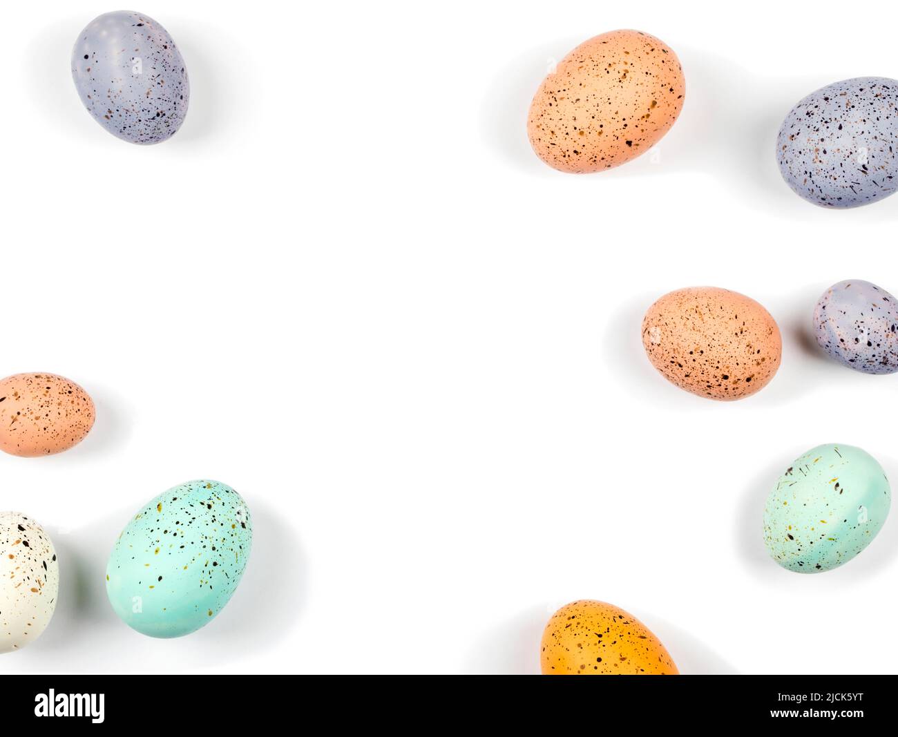 Easter eggs. Easter decoration. Happy Easter card.  Top view of easter colored eggs, Copy space. Stock Photo