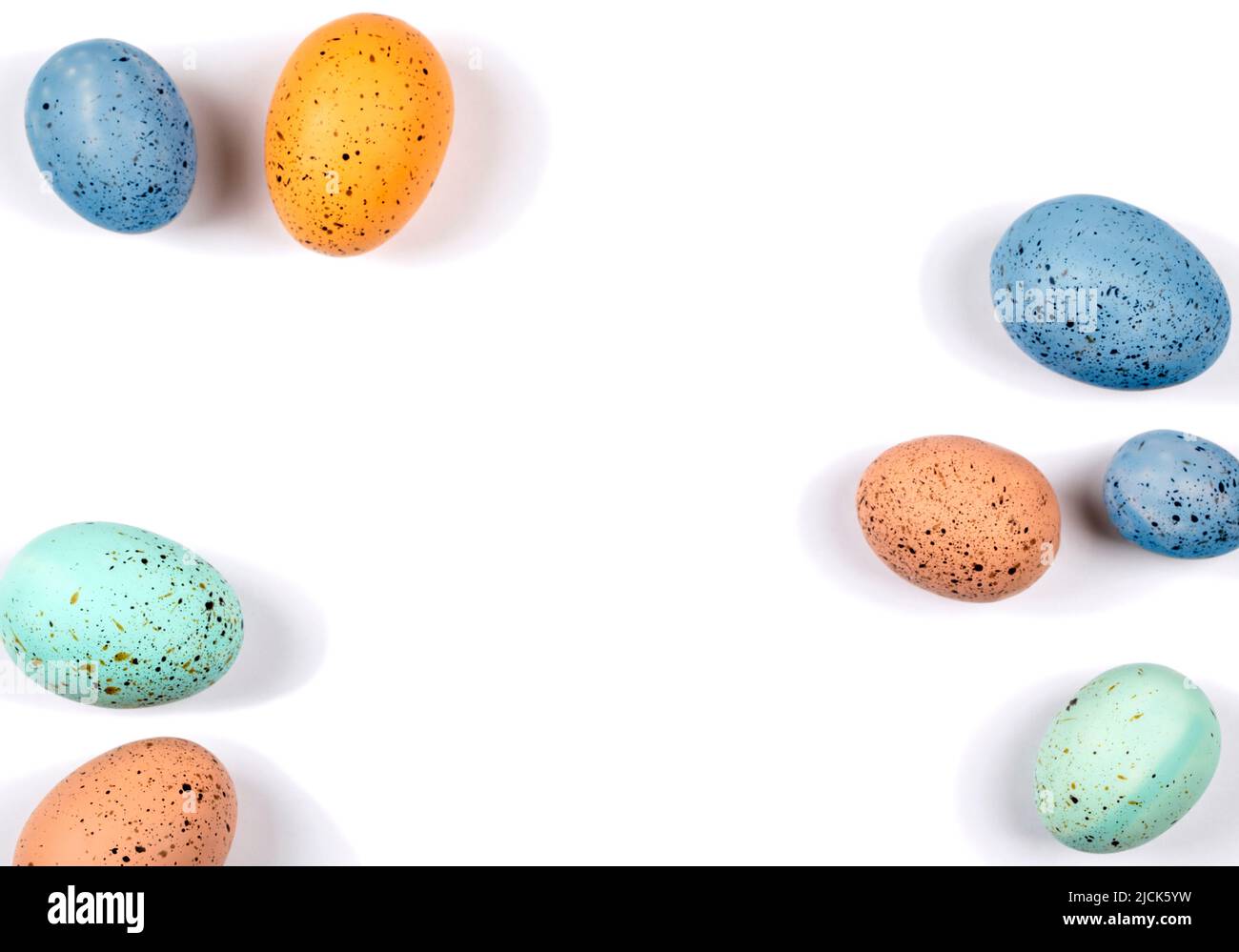 Easter eggs. Easter decoration. Happy Easter card.  Top view of easter colored eggs, Copy space. Stock Photo
