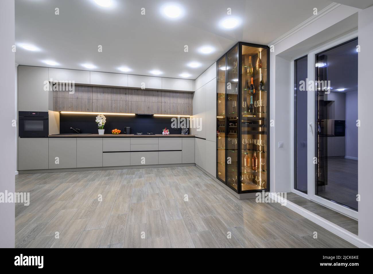 Trendy grey modern kitchen interior with minimalistic furniture Stock ...
