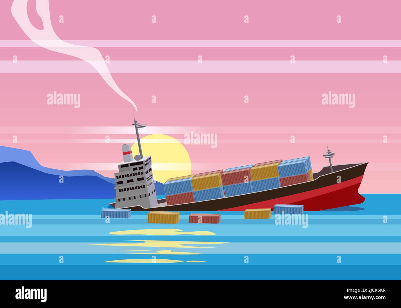 Shipwreck of cargo ship in ocean, vessel going under water and goods