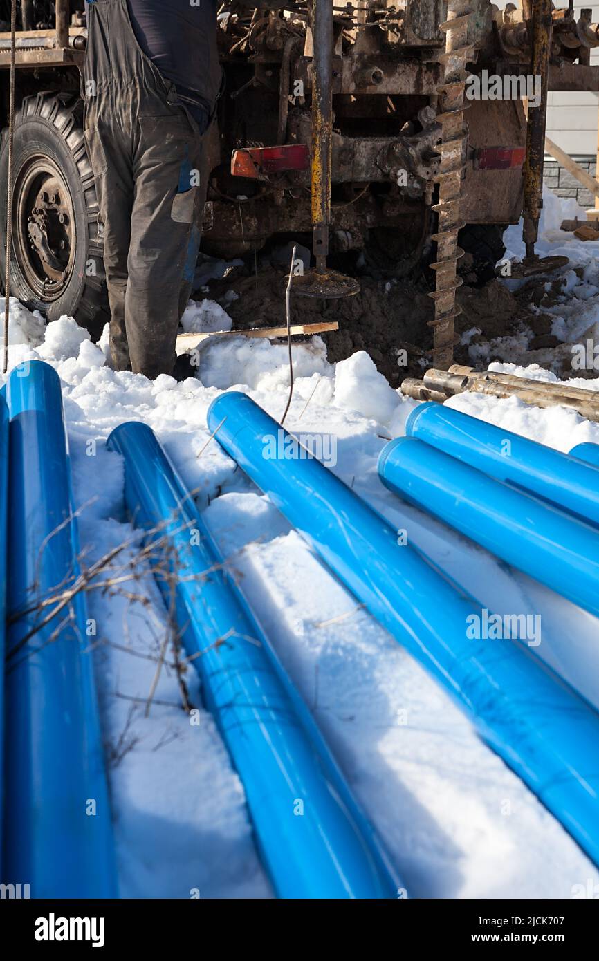 Plastic pipes for casing a well made for water supply Stock Photo