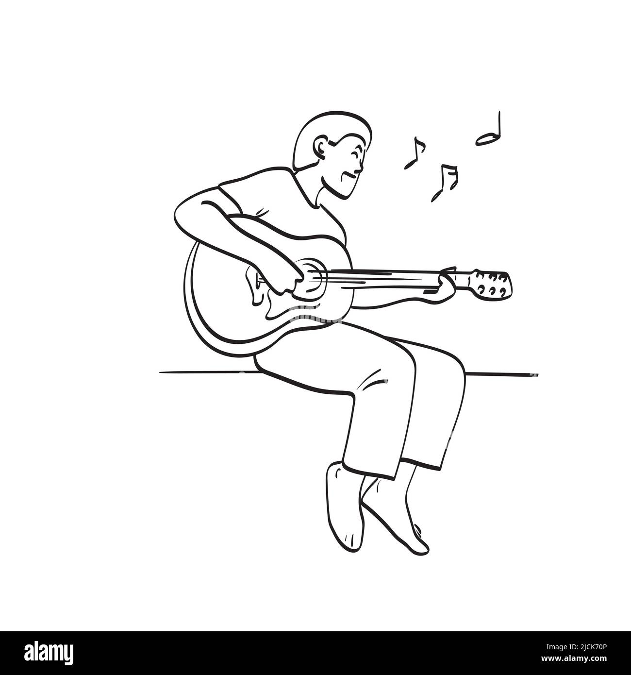 full length of male guitarist sitting and playing acoustic guitar illustration vector hand drawn isolated on white background line art. Stock Vector